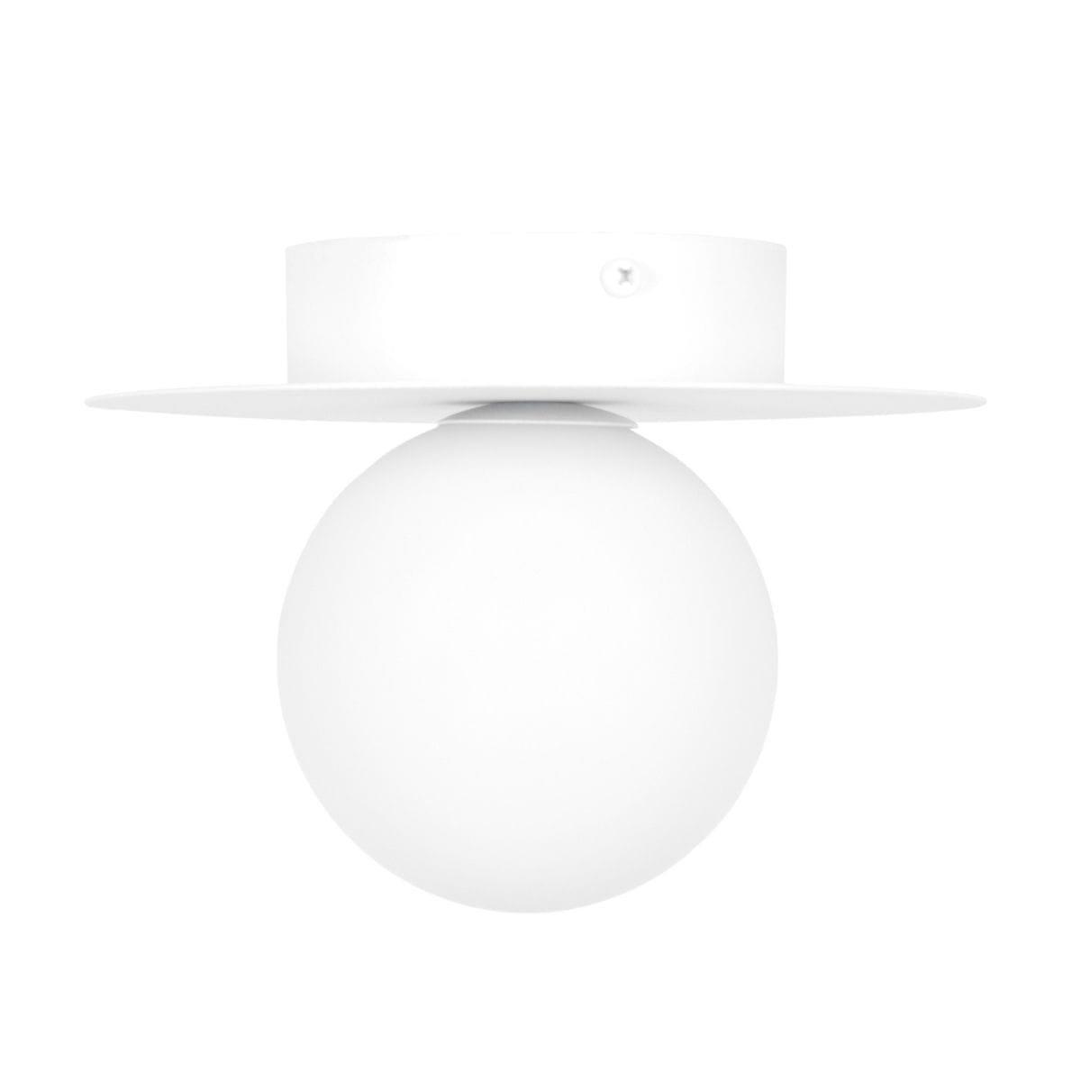 Lampa sufitowa Robin D18 w kolorze białym. Posiada okrągłą, matową kulę oraz płaską, okrągłą podstawę zamontowaną na suficie. Ujęcie frontalne, prezentujące całość lampy. Przeznaczona do źródła światła G9.