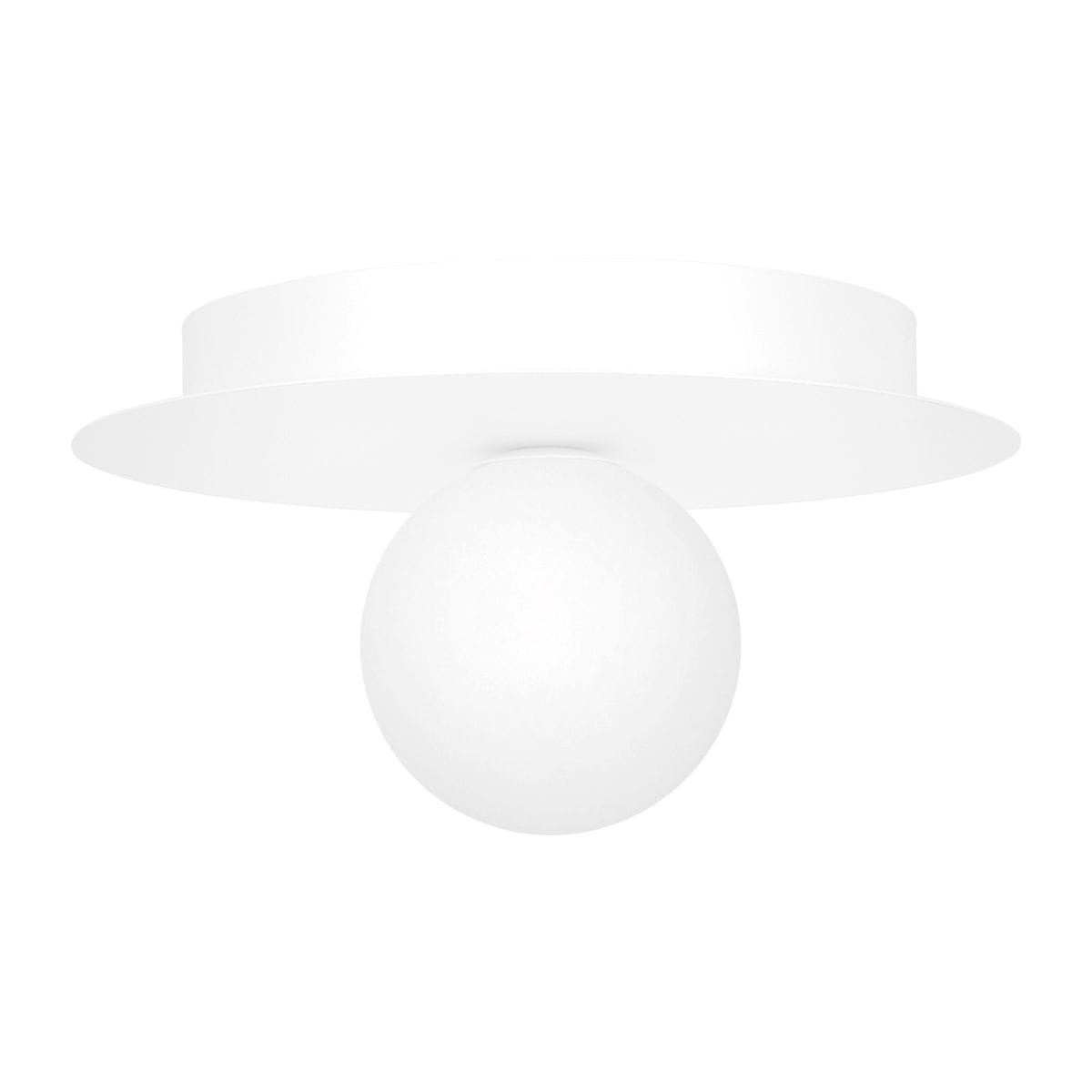 Biała lampa sufitowa Robin D25 z okrągłym kloszem i płaskim, okrągłym mocowaniem. Ujęcie frontalne, wisząca konstrukcja z miejscem na żarówkę G9. Prosta forma, minimalistyczny design, idealna do nowoczesnych wnętrz.