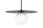 Lampa wisząca Robin D25 z czarnym metalowym kloszem i białą, okrągłą żarówką G9. Ujęcie frontalne, zawieszona na cienkim przewodzie, z dużą, płaską podstawą. Prosty design, idealna do nowoczesnych wnętrz.