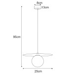 Lampa wisząca Robin D25 w kolorze czarnym i białym, z pojedynczym źródłem światła G9. Ma okrągły klosz z przezroczystą kulą oraz okrągłą podstawę. Wysokość 95 cm, średnica 25 cm, szerokość podstawy 8 cm, grubość 3 cm.