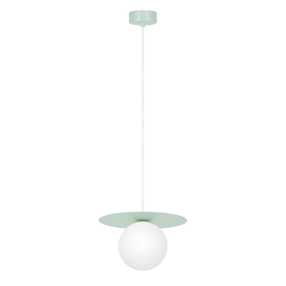 Miętowa lampa wisząca Robin D18 z białą kulą, zawieszona na cienkim przewodzie. Posiada okrągłą podstawę w kolorze miętowym, z białym kloszem w kształcie kuli. Stojąca w centralnej pozycji, idealna do nowoczesnych wnętrz.