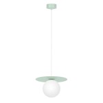 Miętowa lampa wisząca Robin D18 z białą kulą, zawieszona na cienkim przewodzie. Posiada okrągłą podstawę w kolorze miętowym, z białym kloszem w kształcie kuli. Stojąca w centralnej pozycji, idealna do nowoczesnych wnętrz.