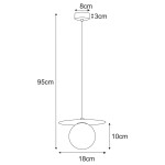 Lampa wisząca Robin D18 w kolorze miętowym i białym, z pojedynczym źródłem światła G9. Wymiary: wysokość 95 cm, średnica klosza 18 cm, szerokość podstawy 8 cm, grubość 3 cm. Prosta konstrukcja z okrągłym kloszem i subtelnym, minimalistycznym designem.