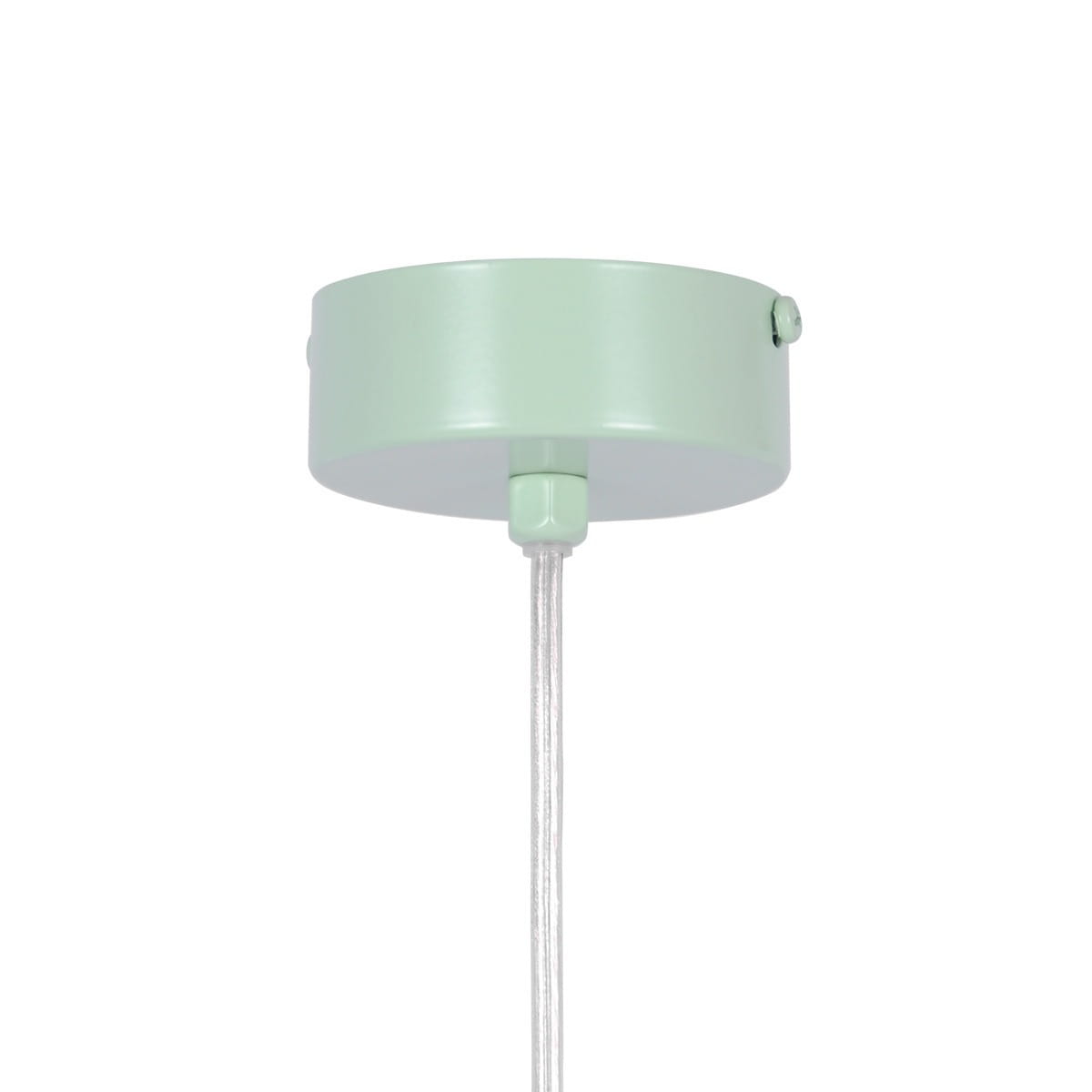 Miętowa lampa wisząca Robin D18 z oprawą na 1 żarówkę G9. Ażurowa konstrukcja z metalowym, okrągłym kloszem i przezroczystym przewodem. Ujęcie z dołu, pokazujące szczegóły mocowania i zawieszenia.