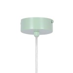 Miętowa lampa wisząca Robin D18 z oprawą na 1 żarówkę G9. Ażurowa konstrukcja z metalowym, okrągłym kloszem i przezroczystym przewodem. Ujęcie z dołu, pokazujące szczegóły mocowania i zawieszenia.