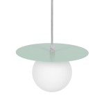Lampa wisząca Robin D18 w kolorze miętowym i białym, z okrągłym, białym kloszem i płaskim, miętowym daszkiem. Zawieszona na cienkim kablu, prezentuje nowoczesny design. Idealna do wnętrz w stylu skandynawskim.