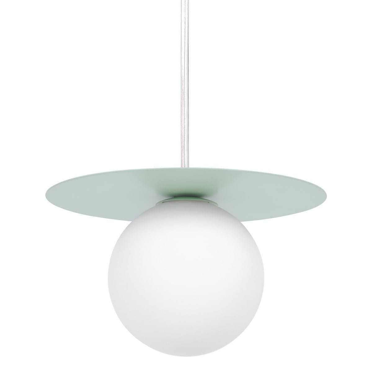 Lampa wisząca Robin D18 w kolorze miętowym i białym, z okrągłym, matowym kloszem i płaskim, miętowym daszkiem. Zawieszona na białym kablu, w ujęciu frontalnym. Idealna do nowoczesnych wnętrz.