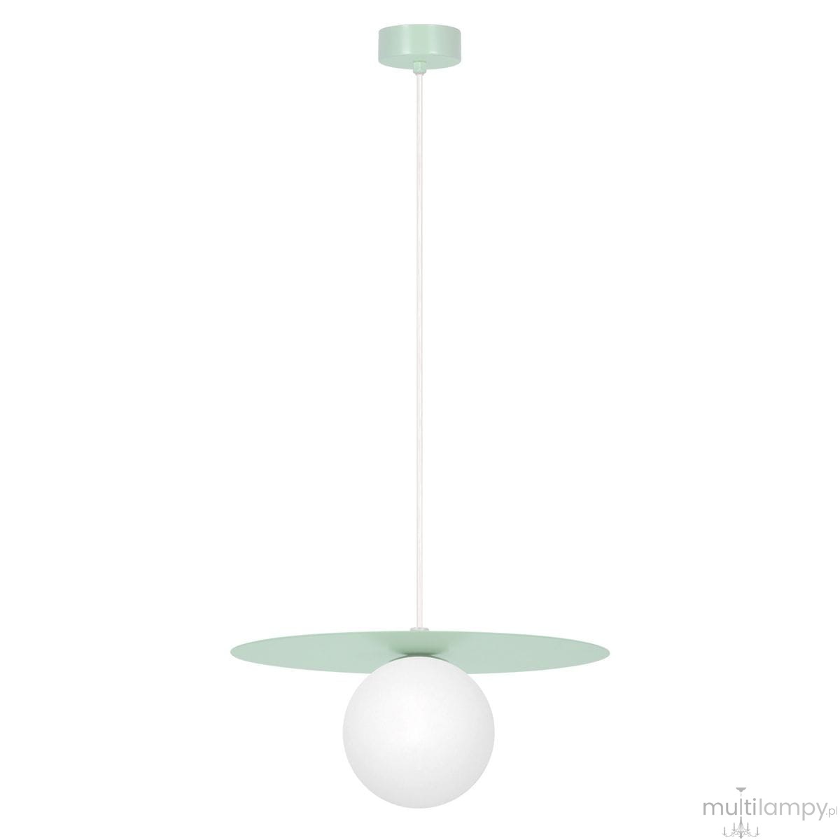 Lampa wisząca Robin D25 w kolorze miętowym i białym, z okrągłą, mleczną kulą i płaskim, miętowym kloszem. Produkt zawieszony na białym przewodzie, z minimalistycznym designem, idealny do nowoczesnych wnętrz.