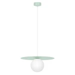 Lampa wisząca Robin D25 w kolorze miętowym i białym, z okrągłą, mleczną kulą i płaskim, miętowym kloszem. Produkt zawieszony na białym przewodzie, z minimalistycznym designem, idealny do nowoczesnych wnętrz.