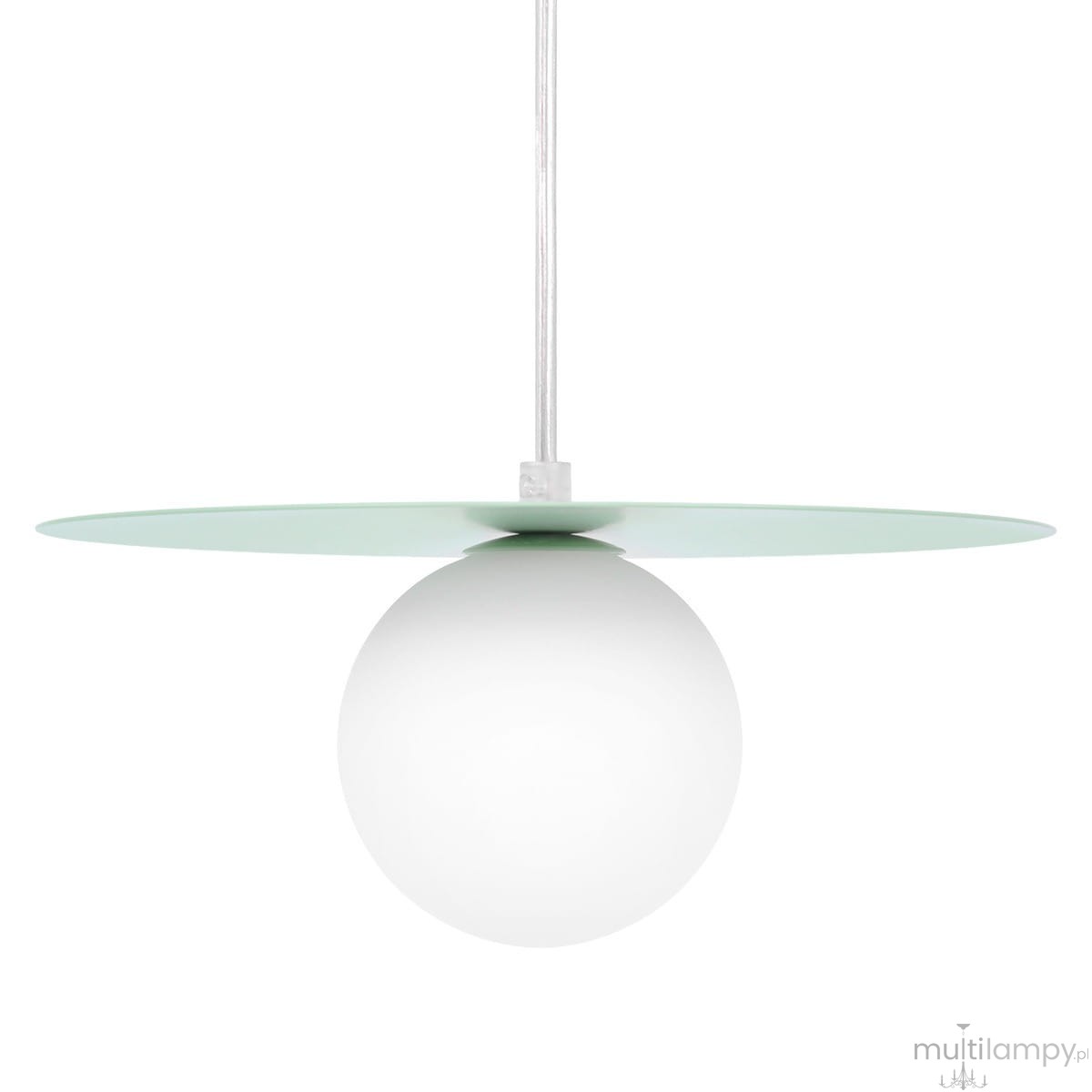 Lampa wisząca Robin D25 z miętowym, okrągłym kloszem oraz białą, szklaną kulą. Ujęcie frontalne, lampa zawieszona na cienkim przewodzie. Idealna do nowoczesnych wnętrz. Wymiary klosza i kuli nieokreślone.