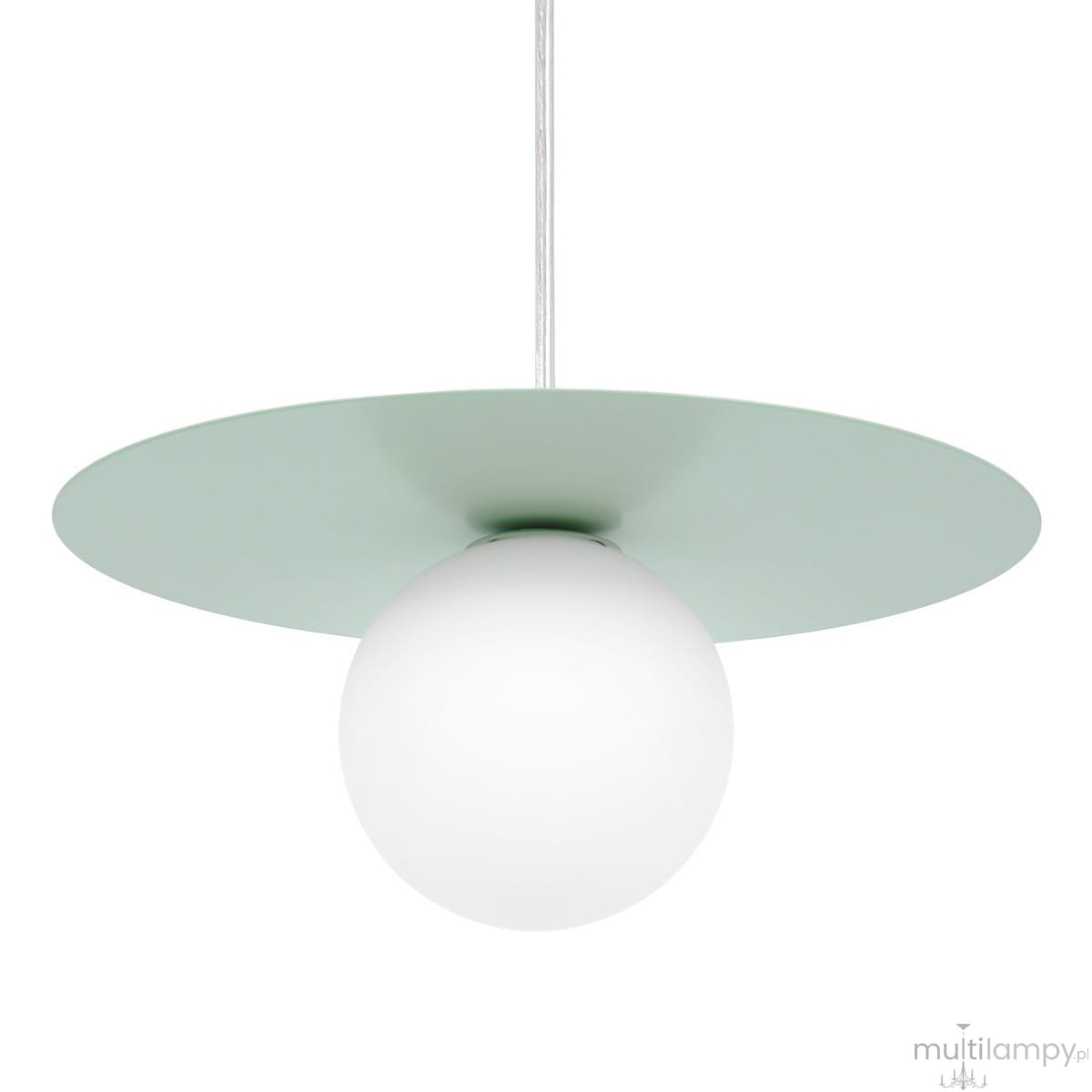 Lampa wisząca Robin D25 z miętowym, okrągłym kloszem i białą, szklaną kulą. Zawieszona na cienkim, białym przewodzie. Kształt klosza przypomina talerz, co nadaje nowoczesny wygląd. Idealna do wnętrz o różnorodnych aranżacjach.