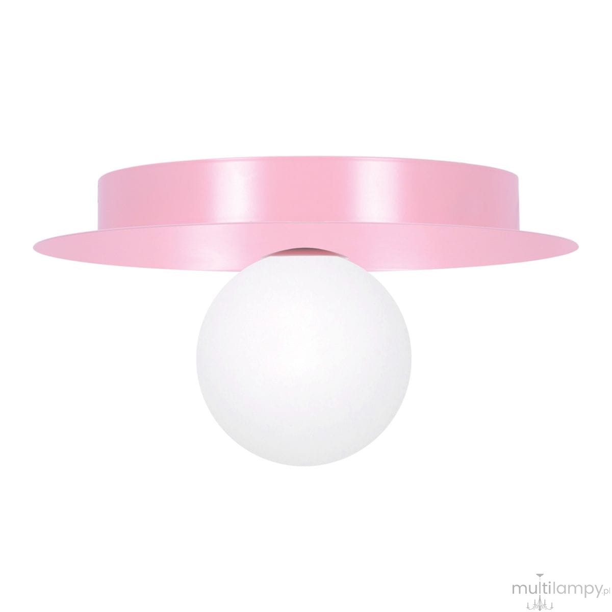 Lampa sufitowa Robin D25 z różowym metalowym kloszem i białą kulistą żarówką G9. Ujęcie z boku, prezentująca nowoczesny design. Klosz w formie płaskiego pierścienia, idealna do stylowych wnętrz.