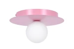 Lampa sufitowa Robin D25 z różową metalową podstawą i białą, okrągłą kulą. Ujęcie z dołu, pokazujące kształt i kolorystykę. Wymiary nieokreślone, mocowanie widoczne z boku. Idealna do nowoczesnych wnętrz.