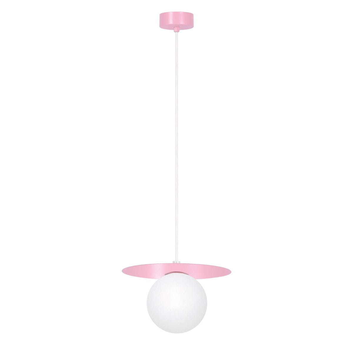 Lampa wisząca Robin D18 z różowym metalowym kloszem i białą, okrągłą oprawą na żarówkę G9. Produkt zawieszony na cienkim, białym przewodzie, z różową podsufitką. Idealna do nowoczesnych wnętrz.