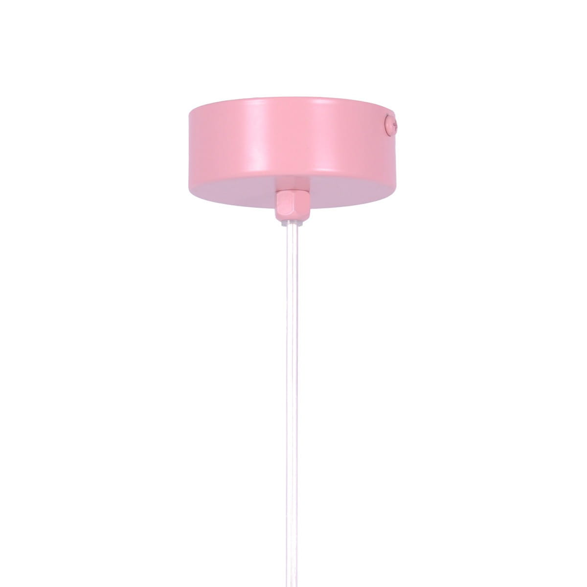 Lampa wisząca Robin D18 z różowym, okrągłym kloszem i przezroczystym przewodem. Klosz ma prosty, gładki design z małym przyciskiem. Produkt wisi w pozycji pionowej, na jasnym tle.