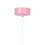 Lampa wisząca Robin D18 z różowym, okrągłym kloszem i przezroczystym przewodem. Klosz ma prosty, gładki design z małym przyciskiem. Produkt wisi w pozycji pionowej, na jasnym tle.