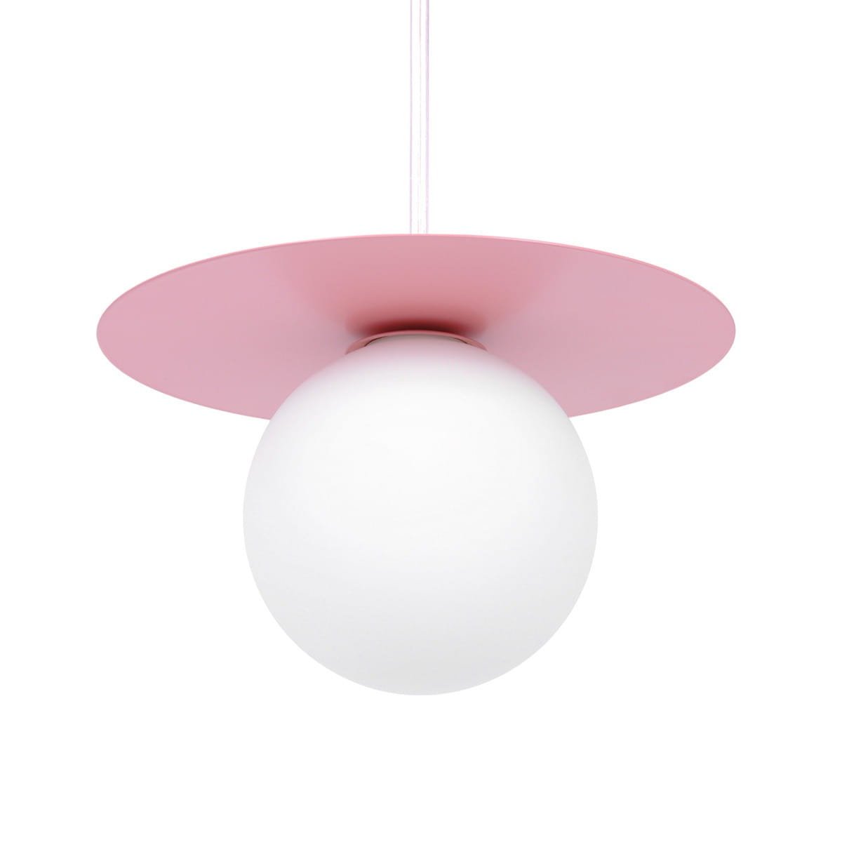 Lampa wisząca Robin D18 z różowym, okrągłym metalowym kloszem oraz białą, kulistą żarówką. Produkt zawieszony na przezroczystym przewodzie, w formie minimalistycznej aranżacji.
