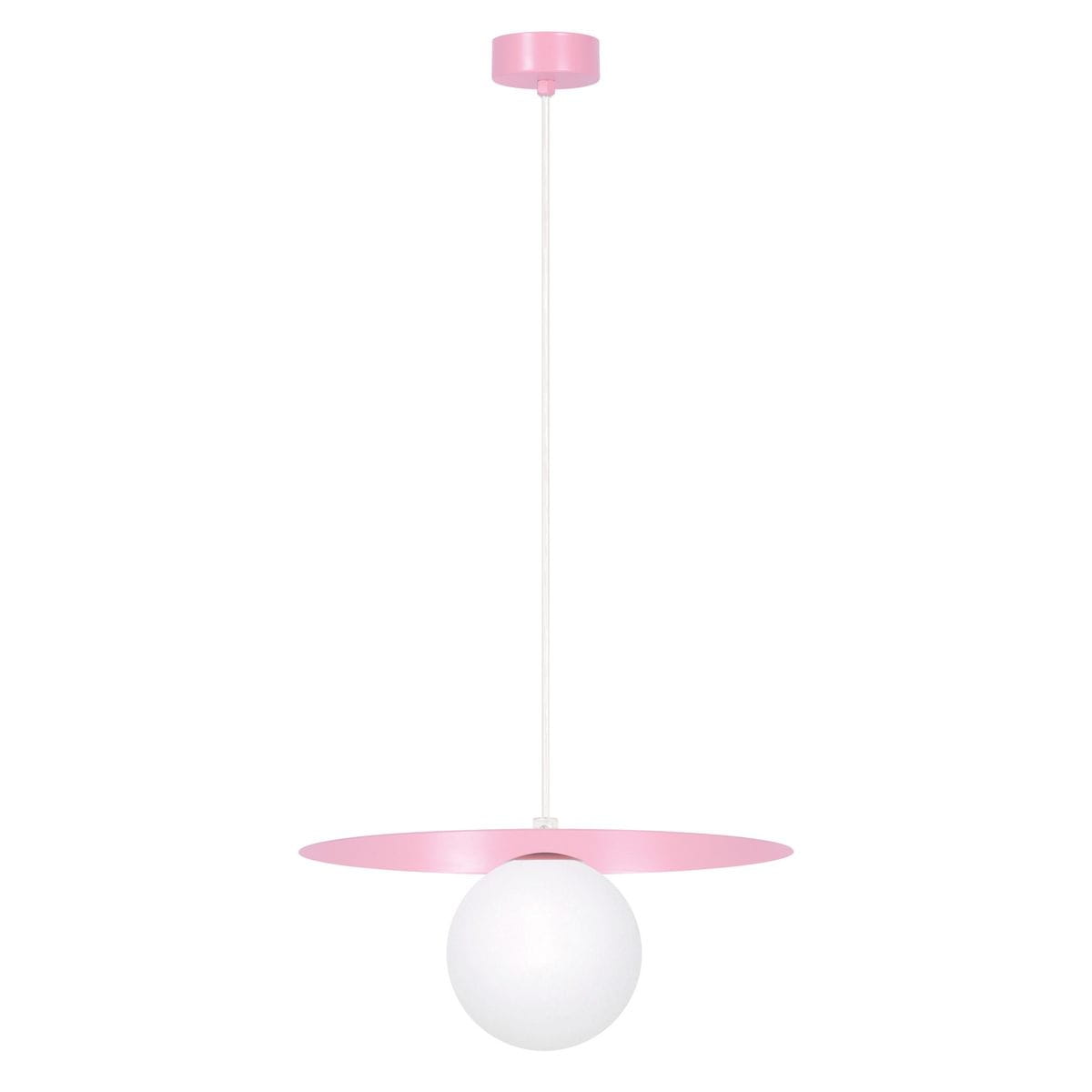 Lampa wisząca Robin D25 w kolorze różowym i białym, z białą kulą na metalowym, różowym talerzu. Zawieszona na białym przewodzie, z okrągłym mocowaniem sufitowym w tym samym kolorze. Idealna do nowoczesnych wnętrz.