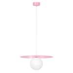 Lampa wisząca Robin D25 w kolorze różowym i białym, z białą kulą na metalowym, różowym talerzu. Zawieszona na białym przewodzie, z okrągłym mocowaniem sufitowym w tym samym kolorze. Idealna do nowoczesnych wnętrz.