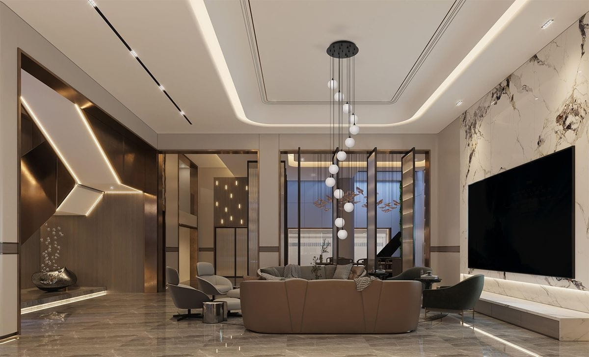 Lampa wisząca Aspen z 13 żarówkami G9 w kolorze czarnym i białym, zawieszona na cienkich linkach, umieszczona w eleganckim wnętrzu. W tle nowoczesny salon z sofą, telewizorem i dekoracyjnymi elementami.