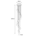 Lampa wisząca Aspen 13xG9 w kolorze czarnym i białym, z okrągłymi kloszami zawieszonymi na cienkich linkach. Wymiary: wysokość 220 cm, średnica 40 cm, głębokość 12 cm. Klosze w różnych wysokościach tworzą efektowną kompozycję.
