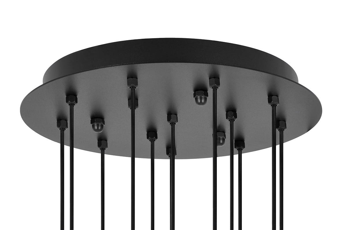 Lampa wisząca Aspen 13xG9 w kolorze czarnym i białym, z okrągłym, matowym stropem. Widoczne czarne przewody i mocowania lamp, które biegną z górnej części do punktów świetlnych. Produkt zamontowany, widok z dołu.