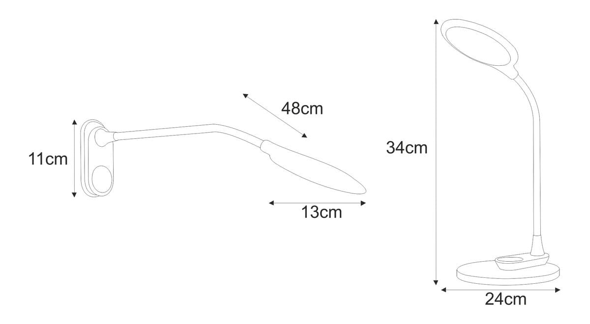 Lampka biurkowa Gaja w kolorze białym, wykonana z metalu i plastiku, z regulowanym ramieniem o długości 48 cm i głowicą 13 cm. Wysokość 34 cm, szerokość podstawy 24 cm. Źródło światła LED 9W, temperatura barwowa 3000-5700K.