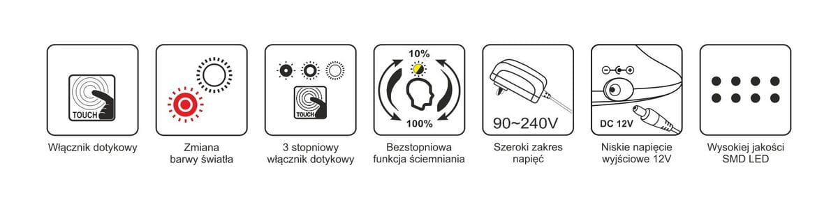 Ikony instrukcji dla lampki biurkowej Gaja, w tym włącznik dotykowy, zmiana barwy światła, 3-stopniowy włącznik dotykowy, bezstopniowa funkcja ściemniania, szeroki zakres napięcia 90-240V, niskie napięcie 12V oraz wysoka jakość SMD LED.