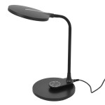 Czarna lampka biurkowa Gaja z jedną diodą LED o mocy 9W, regulowana temperatura barwowa 3000-5700K. Posiada okrągłą podstawę i elastyczne ramię. Na podstawie umieszczono panel dotykowy do sterowania.