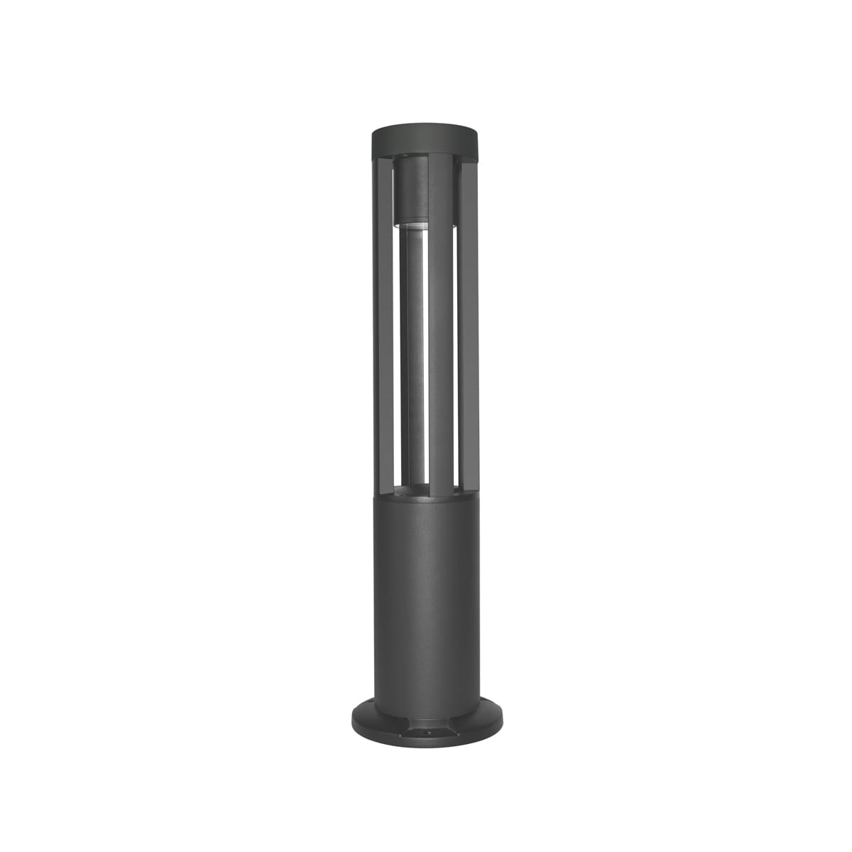 Lampa ogrodowa Ratel H60, czarna, z jednym źródłem LED 10W. Okrągła podstawa z matowego materiału, cylindryczna obudowa z prześwitującymi elementami. Ujęcie z boku, stojąca na prostym tle.