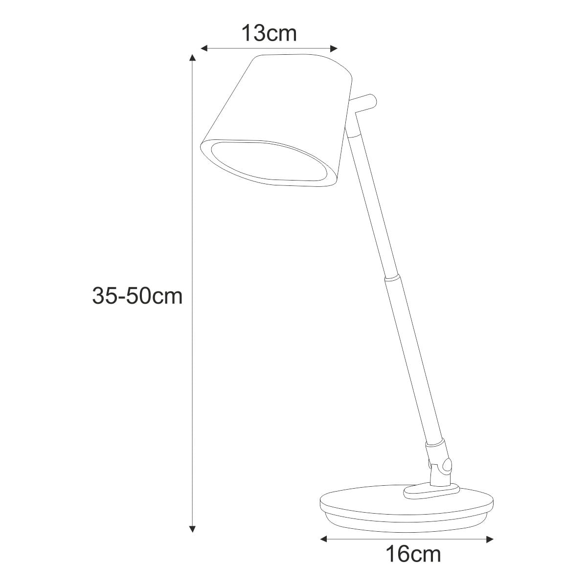 Lampka biurkowa Bolek K-BL1527 w kolorze białym, z regulowaną wysokością 35-50 cm. Okrągła podstawa o średnicy 16 cm, klosz o średnicy 13 cm. Źródło światła LED 7W o regulowanej temperaturze barwowej 3000-6000K.