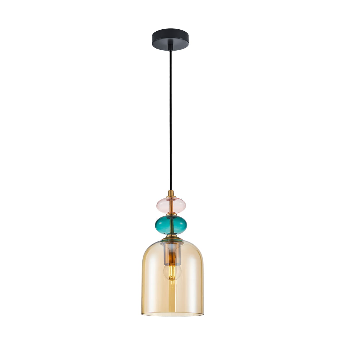 Lampa wisząca Busco z oprawą w kolorze czarnym i bursztynowym kloszem. Klosz ma zaokrąglony kształt, z elementami w kolorach różowym i turkusowym. Produkt zawieszony na cienkim, czarnym przewodzie z okrągłym mocowaniem sufitowym.
