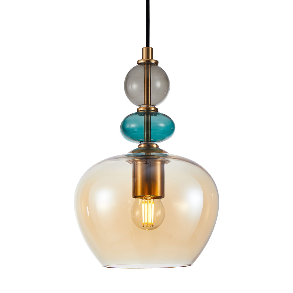 Lampa wisząca Busco z trzema oprawami E27, w kolorze czarnym i bursztynowym. Szklany klosz w kształcie bańki z dekoracyjnymi, kolorowymi kulkami. Produkt zawieszony na czarnym przewodzie, widoczna żarówka, styl retro.