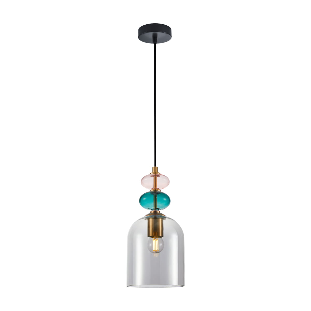Lampa wisząca Busco z kloszem w kształcie dzwonu, wykonana z dymionego szkła. Posiada ozdobne elementy w kolorach różowym, turkusowym i złotym. Zawieszona na czarnym przewodzie, montowana do sufitu. E27, idealna do nowoczesnych wnętrz.