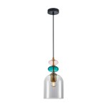 Lampa wisząca Busco z kloszem w kształcie dzwonu, wykonana z dymionego szkła. Posiada ozdobne elementy w kolorach różowym, turkusowym i złotym. Zawieszona na czarnym przewodzie, montowana do sufitu. E27, idealna do nowoczesnych wnętrz.