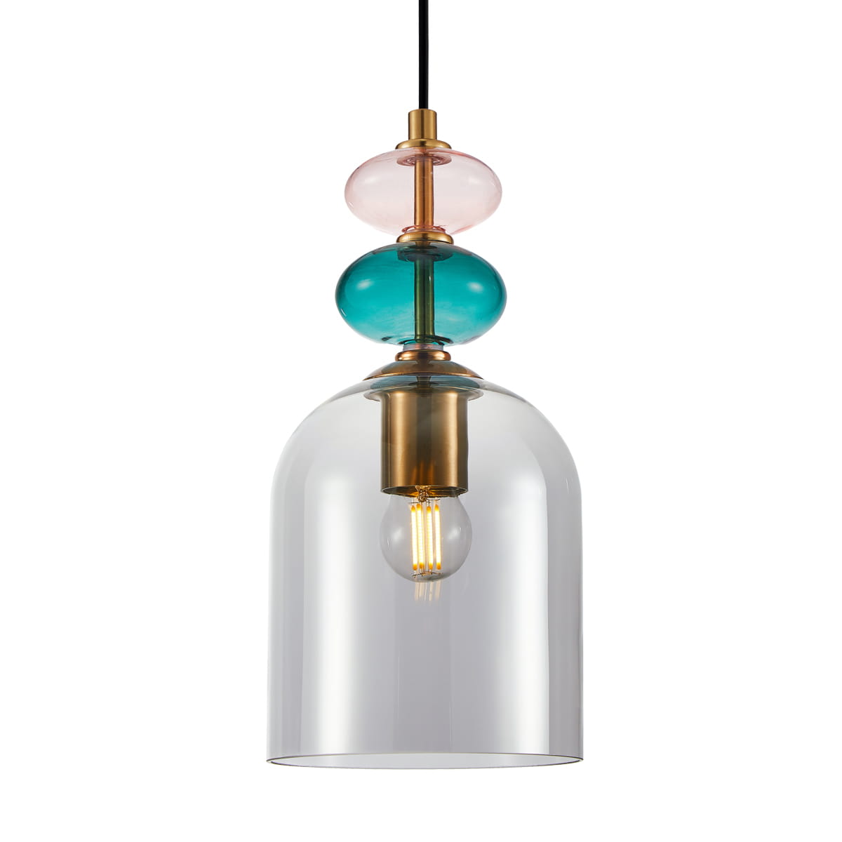 Lampa wisząca Busco z kloszem w kształcie dzwonu, wykonana z przezroczystego szkła. U góry trzy kolorowe elementy szklane: różowy, niebieski i zielony. Metalowe wykończenie w kolorze złotym, z miejscem na żarówkę E27. Kabel w kolorze czarnym.