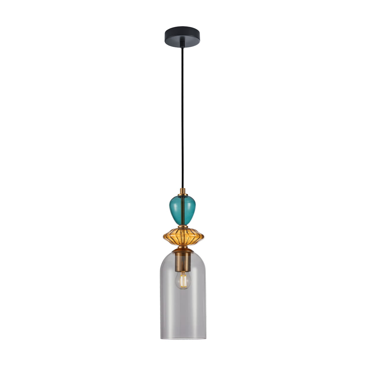 Lampa wisząca Busco z jedną oprawą E27, czarna podsufitka, szklany klosz w dymionym kolorze, ozdobne elementy w złotym i turkusowym odcieniu, zawieszona na cienkim, czarnym przewodzie.