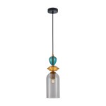 Lampa wisząca Busco z jedną oprawą E27, czarna podsufitka, szklany klosz w dymionym kolorze, ozdobne elementy w złotym i turkusowym odcieniu, zawieszona na cienkim, czarnym przewodzie.