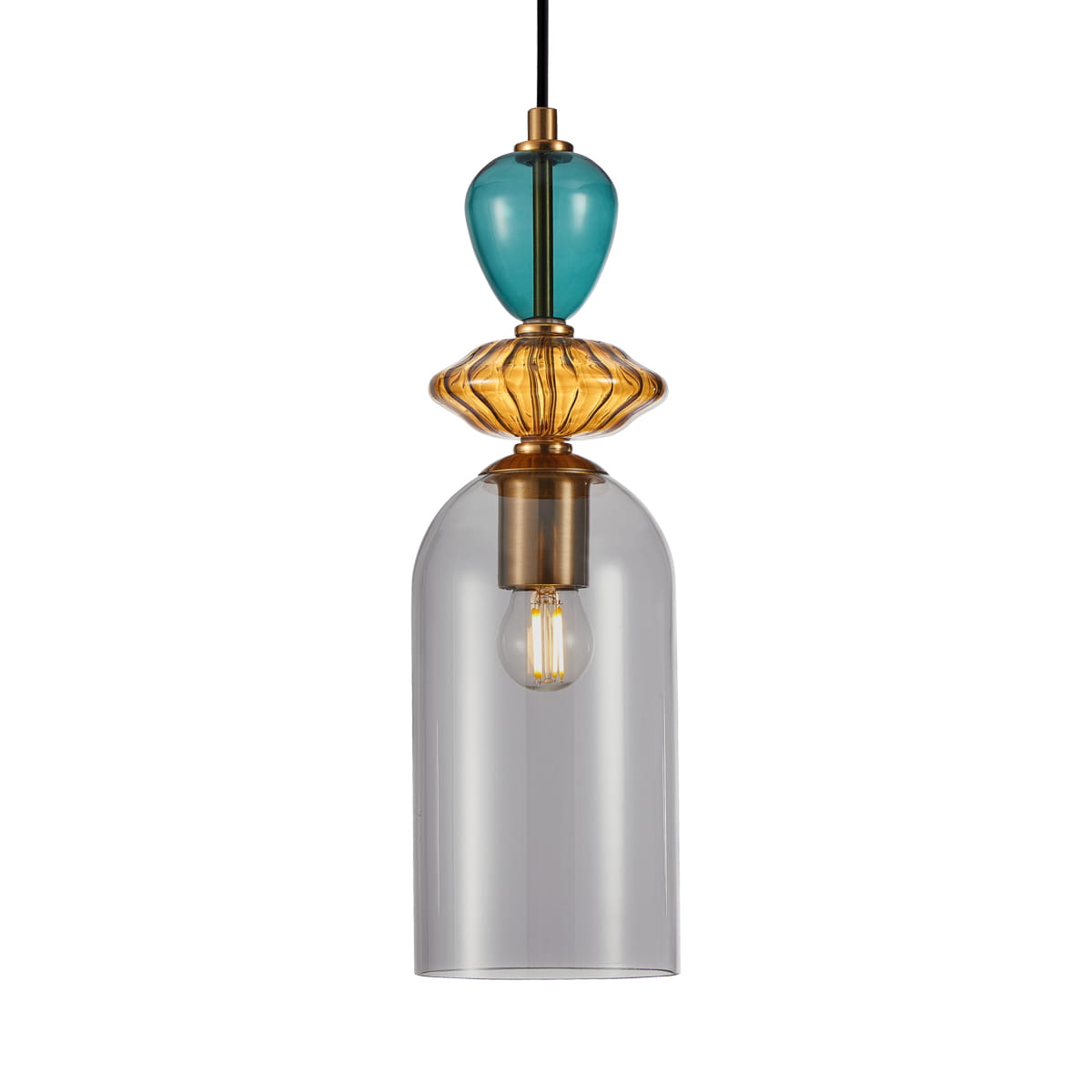 Lampa wisząca Busco z jedną oprawą E27, z przezroczystym kloszem, złotym detalem oraz turkusowym akcentem. Produkt zawieszony na czarnym przewodzie, w układzie pionowym, na białym tle. Idealna do nowoczesnych wnętrz.