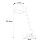 Lolek lampka biurkowa w kolorze białym, wykonana z metalu i plastiku, z regulowaną wysokością 34-48 cm. Posiada okrągłą podstawę o średnicy 16 cm oraz głowicę o średnicy 20 cm. Źródło światła LED 7W, z regulacją temperatury barwowej 3000-6500K.
