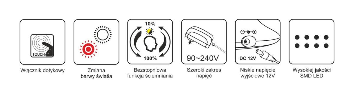 Lolek lampka biurkowa w kolorze grafitowym, z wbudowanym źródłem światła LED 7W, o regulowanej barwie 3000-6500K. Posiada dotykowy włącznik, funkcję ściemniania oraz szeroki zakres napięcia 90-240V.
