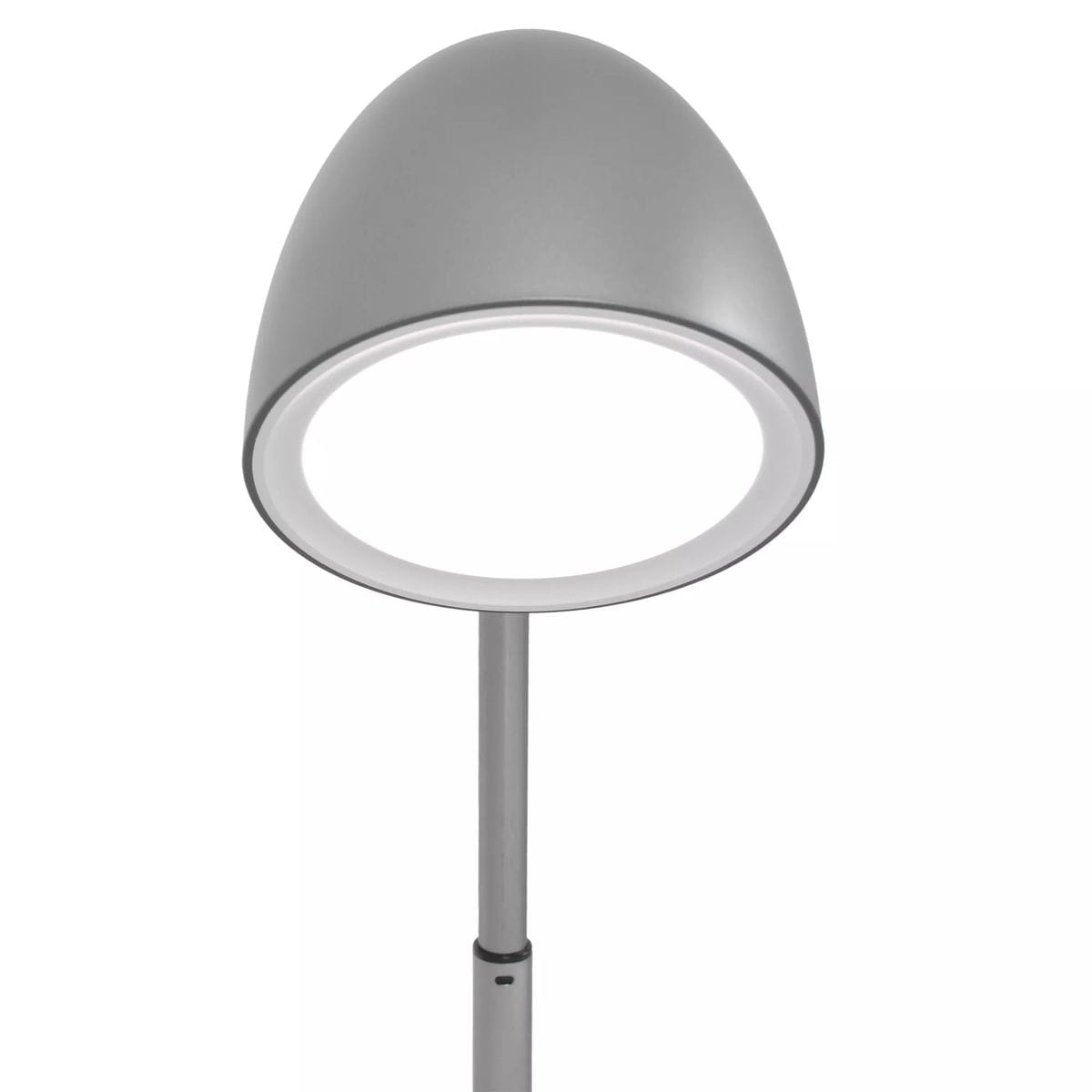 Lampka biurkowa Lolek w kolorze grafitowym, z okrągłym kloszem i metalowym stelażem. Wyposażona w 1xLED 7W, oferuje regulację temperatury barwowej w zakresie 3000-6500K. Ujęcie z góry, pokazujące detal klosza oraz dolny element.