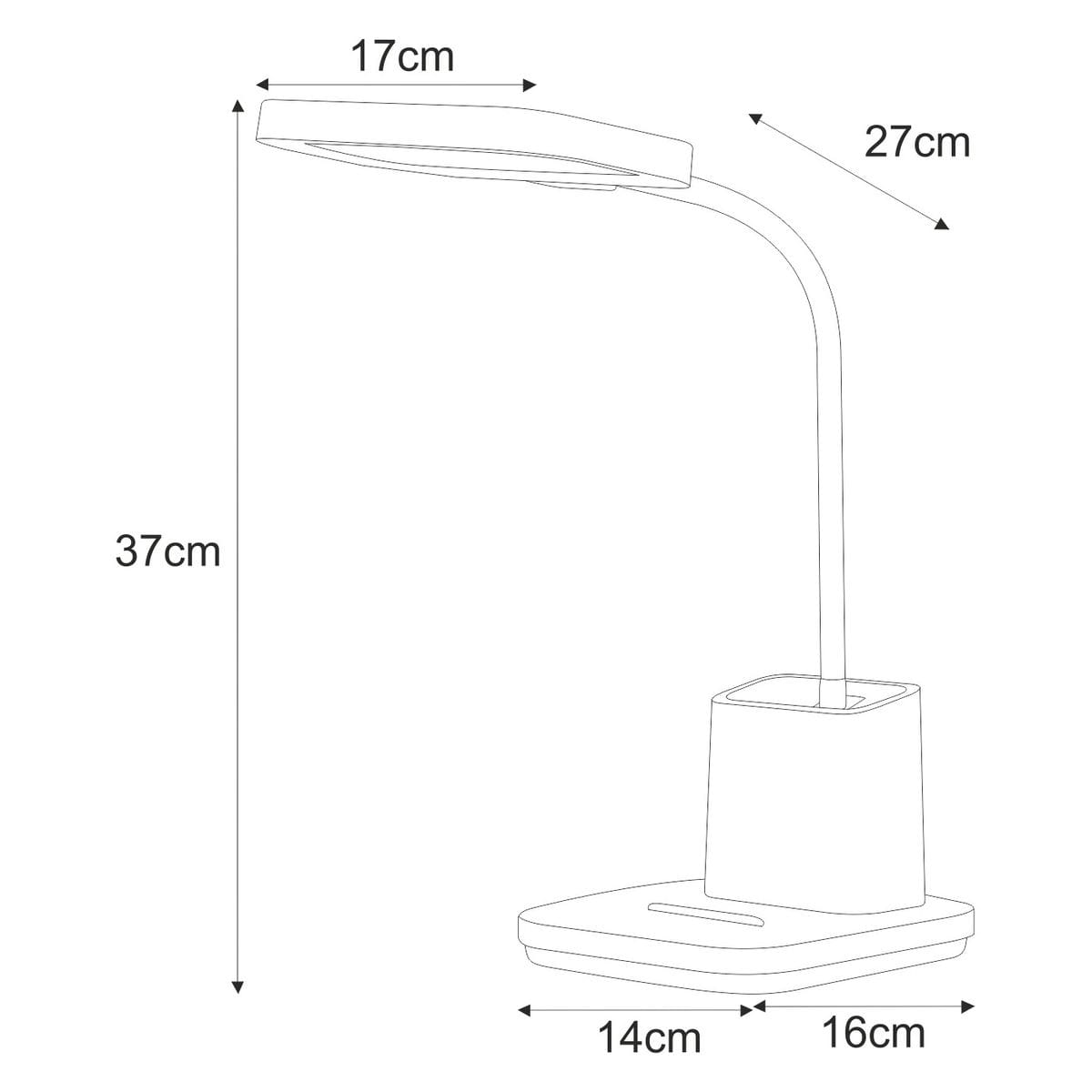 Lampka biurkowa Tola z białym korpusem, z wbudowanym źródłem światła LED o mocy 9W, regulowanym kątem oświetlenia. Wymiary: wysokość 37 cm, szerokość podstawy 16 cm, z miejscem na przybory. Prosta, nowoczesna forma.