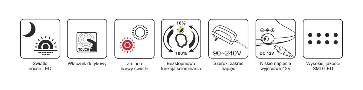 Lampka biurkowa Tola w kolorze białym, z wbudowanym źródłem LED 9W, 3000-5700K. Posiada dotykowy włącznik, funkcję zmiany barwy światła, bezstopniowe ściemnianie oraz szeroki zakres napięcia 90-240V.