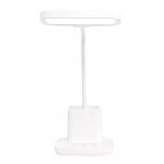 Lampka biurkowa Tola w kolorze białym, z jedną diodą LED 9W, z regulacją temperatury barwowej 3000-5700K. Posiada prostą, cylindryczną podstawę z miejscem na przybory oraz dotykowe przyciski na dole. Ujęcie frontalne.