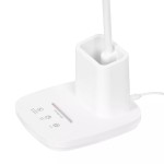 Biała lampka biurkowa Tola z 1xLED o mocy 9W, z regulacją temperatury barwowej 3000-5700K. Stojąca konstrukcja z wbudowanym pojemnikiem na przybory, z przyciskami dotykowymi oraz złącze zasilające na spodzie.