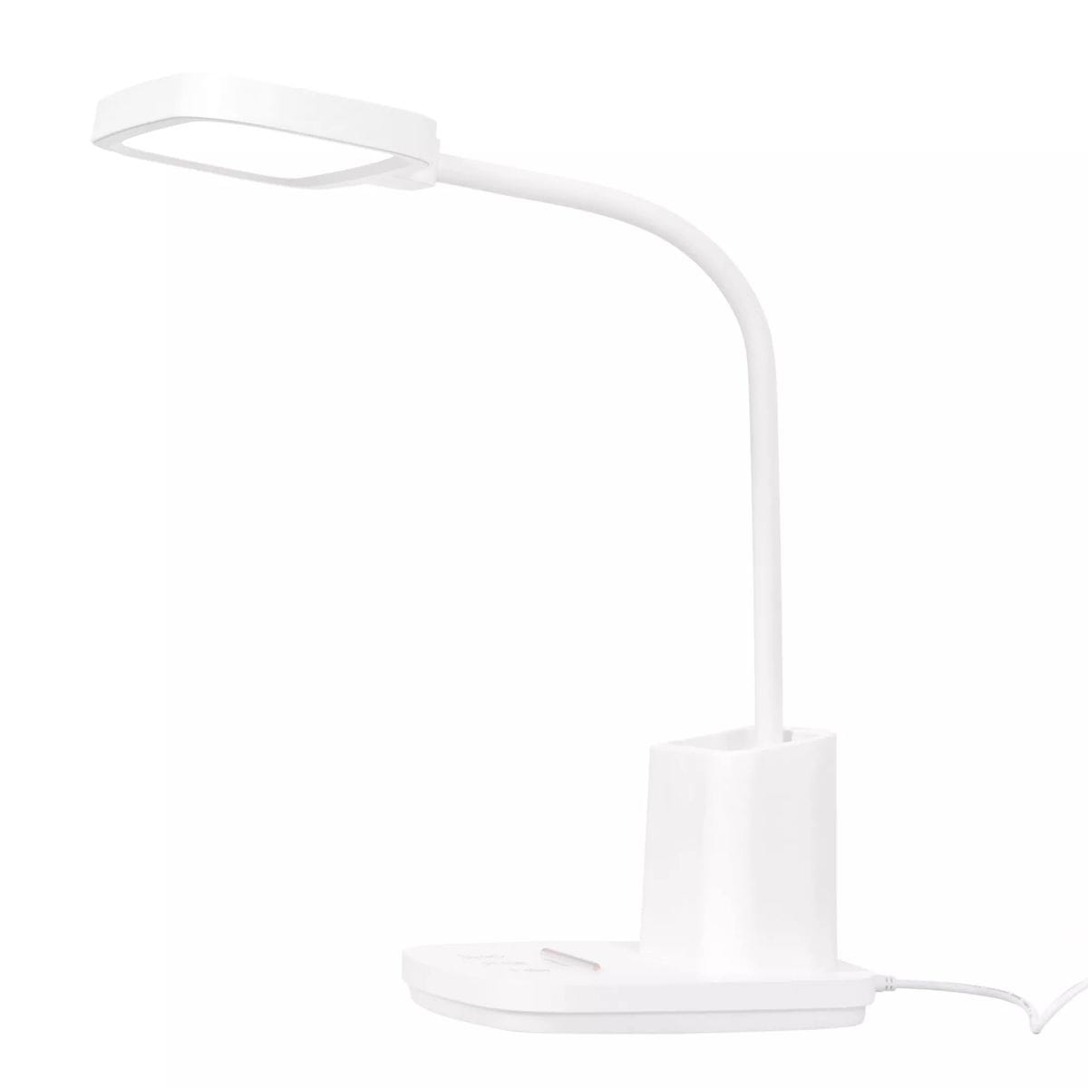 Lampka biurkowa Tola w kolorze białym, z elastycznym ramieniem, prostokątną głowicą LED o mocy 9W, z regulacją temperatury barwowej 3000-5700K. Stojąca na stabilnej podstawie z miejscem na przybory biurowe.