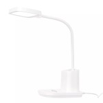 Lampka biurkowa Tola w kolorze białym, z elastycznym ramieniem, prostokątną głowicą LED o mocy 9W, z regulacją temperatury barwowej 3000-5700K. Stojąca na stabilnej podstawie z miejscem na przybory biurowe.