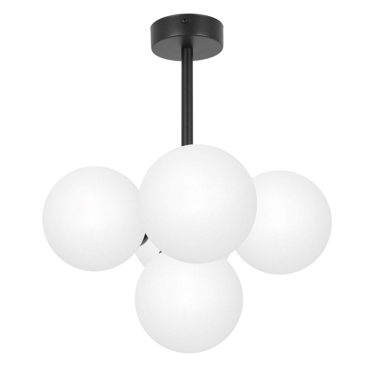 Lampa sufitowa Inez z pięcioma kulistymi kloszami z matowego szkła w kolorze białym, zawieszona na czarnym stelażu. Ujęcie z góry, ukazujące symetryczny układ kloszy. Idealna do nowoczesnych wnętrz.