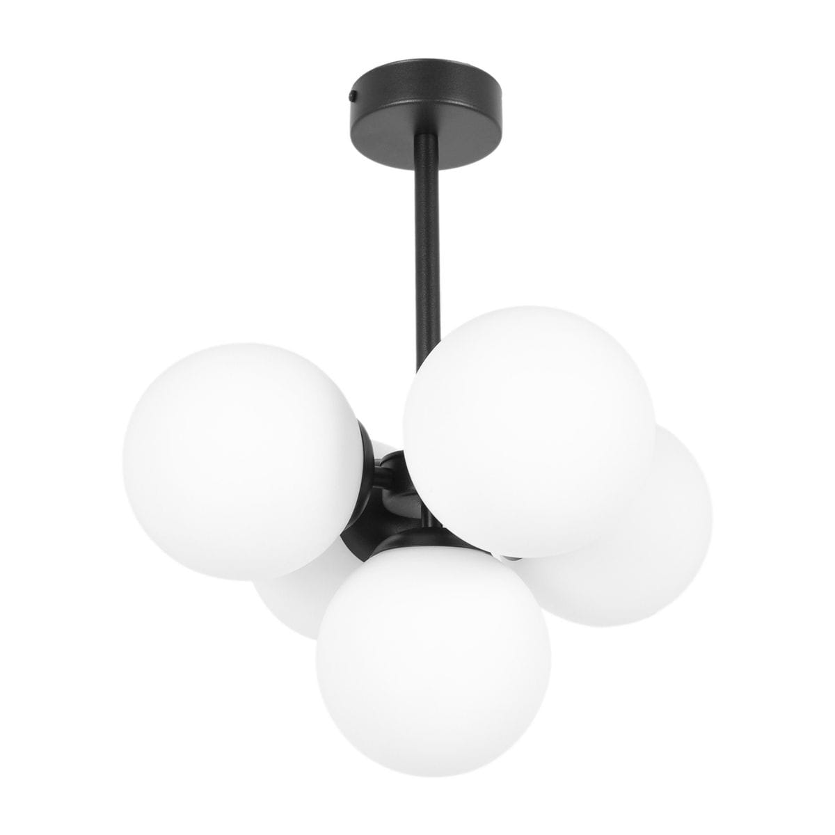 Lampa sufitowa Inez z pięcioma okrągłymi, białymi kloszami, zawieszona na czarnym stelażu. Klosze mają matową fakturę, a całość jest zamontowana na cienkiej rurze. Produkt ma nowoczesny design, idealny do aranżacji wnętrz.